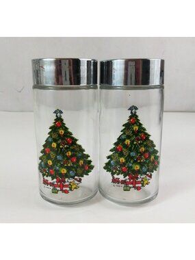 Vintage Sabin Clear Glass With Christmas Tree Design 4.75" Salt & Pepper Shakers
